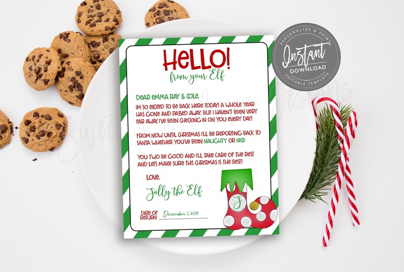May include: A Christmas-themed letter from an elf, with green and red accents, and the text "Hello from your Elf." The letter is on a white plate with chocolate chip cookies and candy canes.