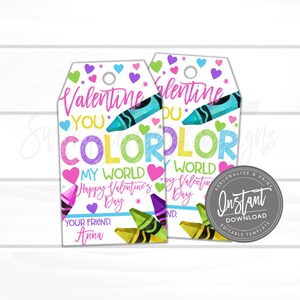 Valentine Favor Tags, Printable, You Color My World, Valentine Crayon Party Favor Tags for kids, Editable Gift Tag, template INSTANT ACCESS image 1