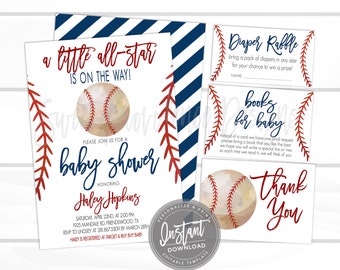 Baseball Baby Shower Invitation Kit, Little All Star Shower, Editable baseball template, Boy Sport Shower Invite, Printable Instant Access