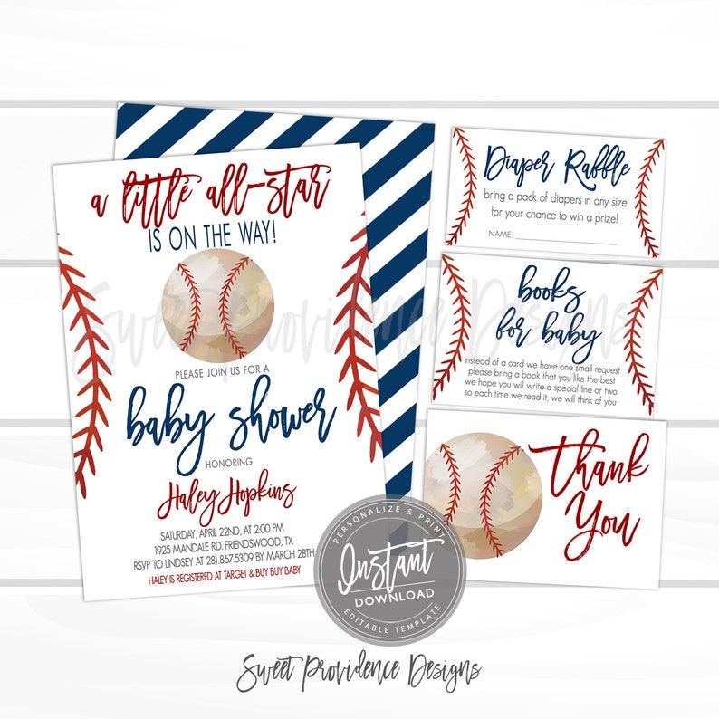 May include: Baseball-themed baby shower invitation set. The invitation features a baseball graphic, with text in navy blue and red. Includes a diaper raffle card, a book request card, and a thank you card.