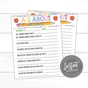 Editable Todo sobre mi maestro, Encuesta de cuestionario para estudiantes, Algunas de mis cosas favoritas, Carta de regalo, Agradecimiento, Instantáneo imprimible