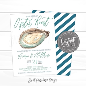 May include: An invitation to an oyster roast for a couple named Aimee and Matthew. The invitation features a watercolor illustration of an oyster shell and the text "Join us for an Oyster Roast". The event is scheduled for February 21st at 7pm at the Stevensons, 13869 Chauvin Lane, New Orleans, LA.  The couple's registry information is included.