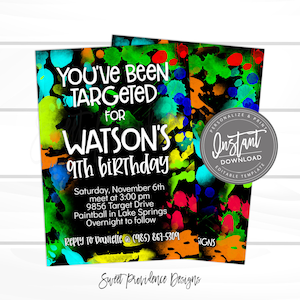 May include: A black and neon green birthday invitation with a paint splatter design. The text reads "You've Been Targeted for Watson's 9th Birthday". The invitation includes details for a paintball party on November 6th at 3:00 pm. The text also includes a phone number to RSVP.