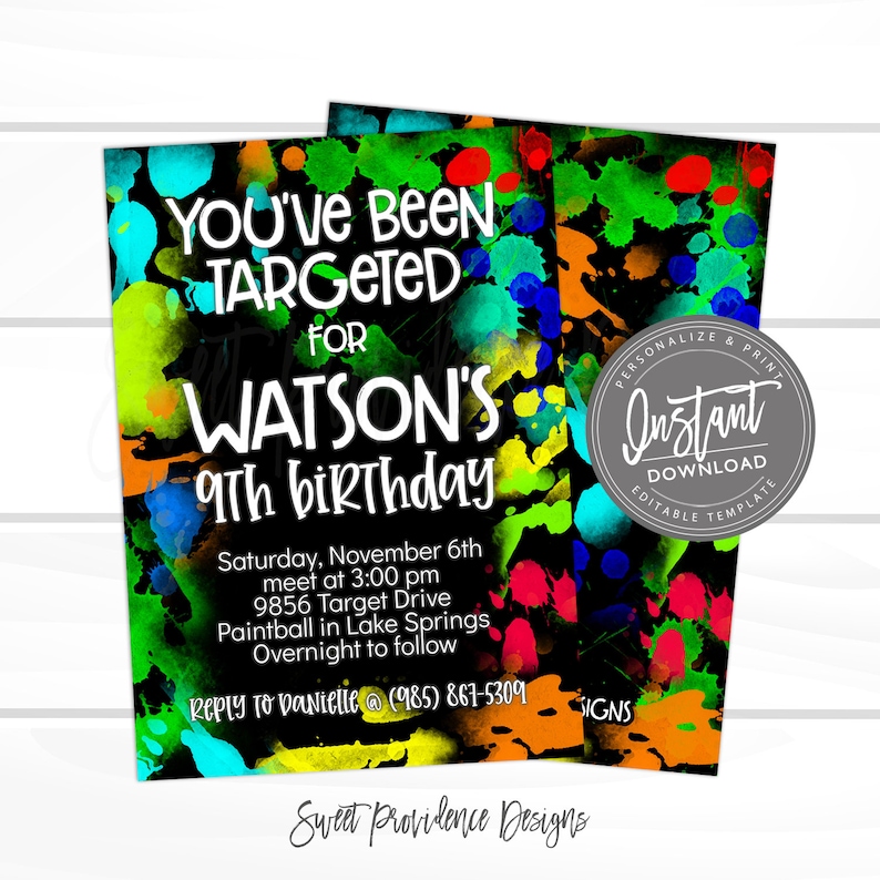May include: A black and neon green birthday invitation with a paint splatter design. The text reads "You've Been Targeted for Watson's 9th Birthday". The invitation includes details for a paintball party on November 6th at 3:00 pm. The text also includes a phone number to RSVP.
