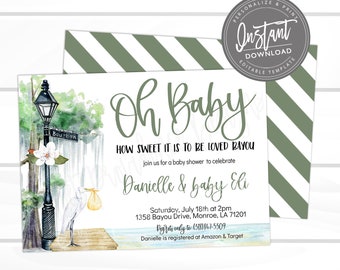 Bayou Baby Shower invitation, Oh baby Invite, Editable Southern Magnolia Cajun Invite, Any gender, Digital Instant Access