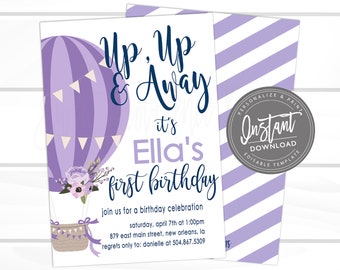 Balloon First Birthday Invitation/ Hot air balloon invitation/ Purple Balloon Invitation/ Floral First Birthday Invitation/ Instant Access