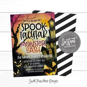 May include: Halloween party invitation with a spooky design. The invitation features a haunted house, jack-o'-lanterns, and the text "Spooktacular Monster Bash." The back of the invitation has black and white diagonal stripes. The invitation is an instant download.