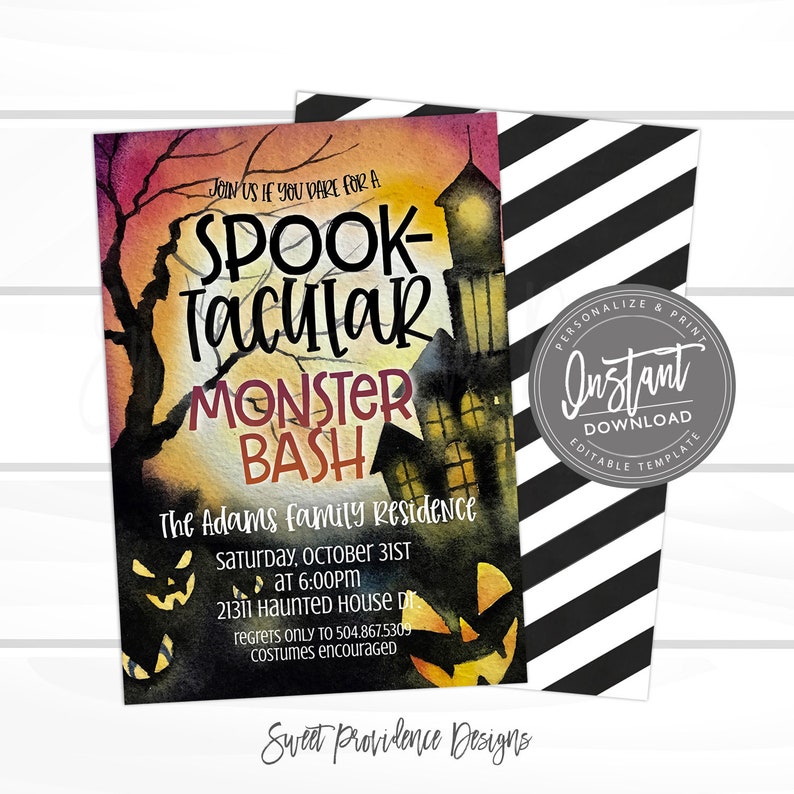 May include: Halloween party invitation with a spooky design. The invitation features a haunted house, jack-o'-lanterns, and the text "Spooktacular Monster Bash." The back of the invitation has black and white diagonal stripes. The invitation is an instant download.