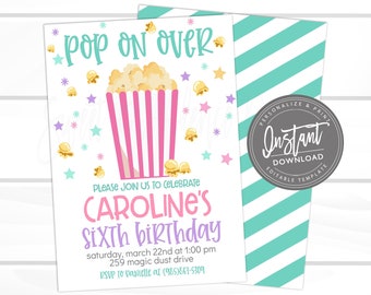 Movie Night Invitation, Girl Movie Birthday party, Pop on Over, Backyard Movie Night, Editable template, Sweet Providence, Instant Access