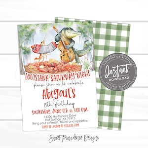 May include: A colorful invitation for a Louisiana-themed birthday party. The invitation features a cartoon alligator playing a bass, a crawfish playing an accordion, and a pile of crawfish. The text on the invitation reads "Louisiana Saturday Night, please join us to celebrate Abigail's 15th Birthday, Saturday, June 6th @ 5:00 PM, 13200 Northshore Drive, Hot Springs, AR 71913, Bring your swimsuit, towel and appetite! RSVP to Jaime at (318)867-5309, Sweet Providence Designs".