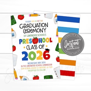 Preschool Graduation Party Invitation, Grad Party invite, class of 2026, Editable Announcement Invitation, Decor Printable Instant Access
