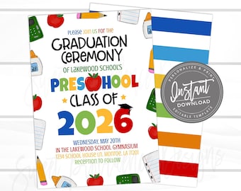 Preschool Graduation Party Invitation, Grad Party invite, class of 2026, Editable Announcement Invitation, Decor Printable Instant Access