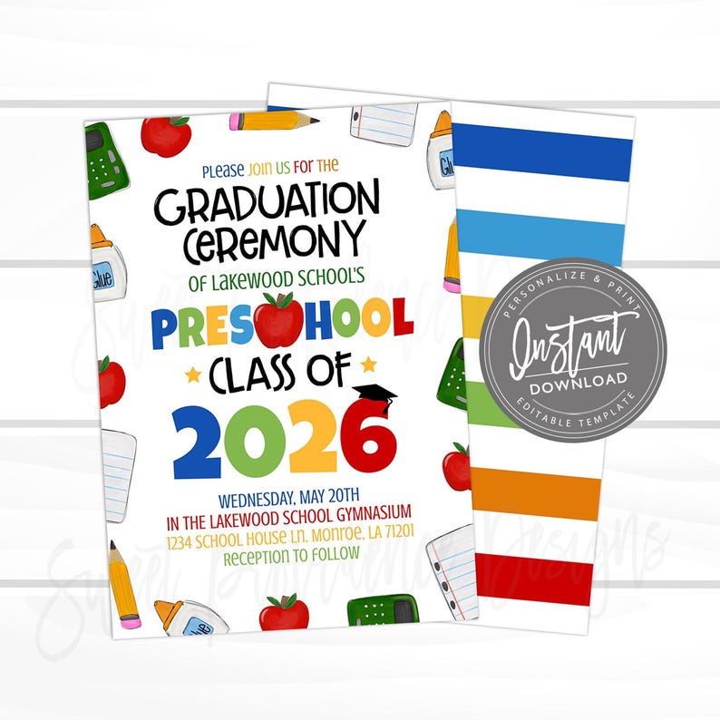 Preschool Graduation Party Invitation, Grad Party invite, class of 2026, Editable Announcement Invitation, Decor Printable Instant Access image 1