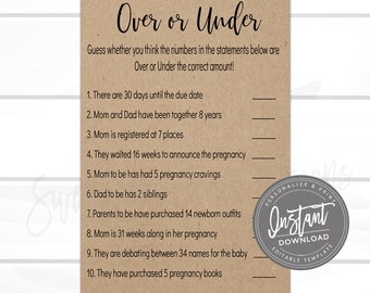 Over or Under Baby Shower Game Printable Baby Shower Game - Etsy