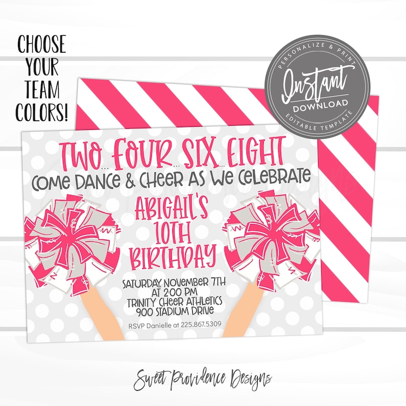 May include: A gray and pink cheerleading birthday party invitation with the text "Two Four Six Eight Come Dance & Cheer As We Celebrate Abigail's 10th Birthday" and details for the party.