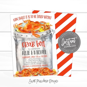 May include: A watercolor illustration of a crab boil invitation for a couples shower. The invitation features a red crab in a pot with a white background and the text "How Sweet It Is To Be Loved Bayou" and "Crab Boil" in red. The invitation also includes the names "Allie & Michael" and the date and time of the event.