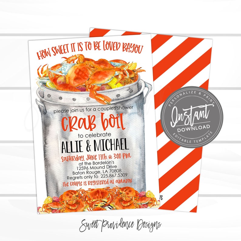 May include: A watercolor illustration of a crab boil invitation for a couples shower. The invitation features a red crab in a pot with a white background and the text "How Sweet It Is To Be Loved Bayou" and "Crab Boil" in red. The invitation also includes the names "Allie & Michael" and the date and time of the event.