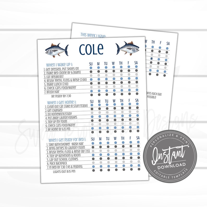 K&ouml;nnte beinhalten: Ein druckbarer Aufgabenplan f&uuml;r Kinder mit blauem und grauem Farbschema und einer Thunfisch-Illustration. Der Plan ist mit "Diese Woche habe ich: COLE" betitelt und enth&auml;lt eine t&auml;gliche Checkliste f&uuml;r "Wenn ich aufwache", "Wenn ich nach Hause komme" und "Wenn ich mich f&uuml;r das Bett fertig mache".