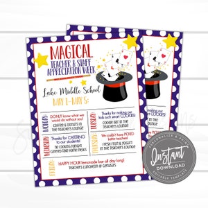 EDITABLE Teacher Appreciation Week Itinerary, Printable Digital File, Magical Appreciation Week Schedule Events, Instant Access- Edit Now!