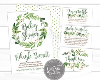 Botanical Greenery Baby Shower invite Kit, Baby Shower Invitation,  Greenery Baby Shower Suite, Editable, , Instant Access