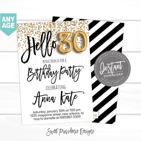 30th birthday Invitation, Editable 30th Birthday Invitation, Hello 30 ...