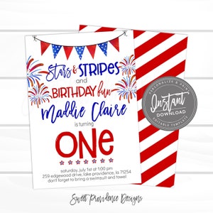 Puede incluir: Una invitaci&oacute;n de cumplea&ntilde;os patri&oacute;tica con colores rojo, blanco y azul. La invitaci&oacute;n dice "Stars & Stripes and Birthday Fun" con el nombre "Maddie Claire" y el n&uacute;mero "ONE". Incluye fuegos artificiales y gr&aacute;ficos de pancartas.