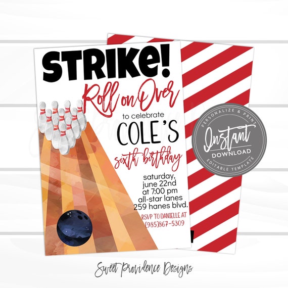Bowling Birthday Party, Boy Bowling Invitation, Bowling Birthday Party, Birthday Invite Digital template Instant Access -Edit Yourself NOW Il_570xn