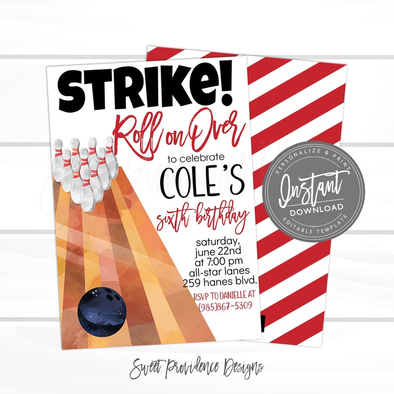May include: A bowling-themed birthday invitation with a watercolor illustration of bowling pins and a bowling ball. The invitation is for Cole's sixth birthday party and includes the date, time, location, and RSVP information.