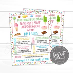 K&ouml;nnte beinhalten: Ein farbenfrohes, druckbares Flyer f&uuml;r die Lehrer- und Mitarbeiter-Wertsch&auml;tzungswoche der Lake Elementary School, 1.-5. Mai. Das Design enth&auml;lt Illustrationen von S&uuml;&szlig;igkeiten und Text mit t&auml;glichen Veranstaltungen.