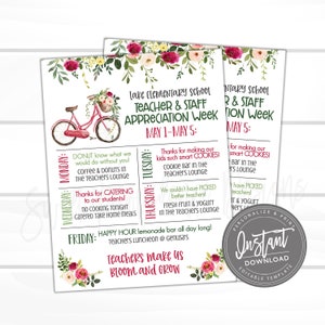 EDITABLE Teacher Appreciation Week Itinerary, Printable Digital File, Appreciation Bloom Grow Floral Schedule Events Instant Access Edit Now