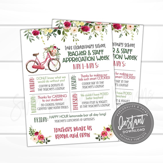 EDITABLE Teacher Appreciation Week Itinerary, Printable Digital File, Appreciation Bloom Grow Floral Schedule Events Instant Access Edit Now Il_570xn