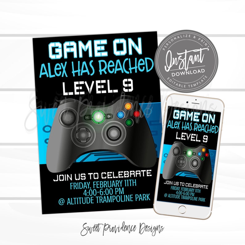May include: A blue and black printable invitation with a game controller graphic. The text reads "Game On Alex Has Reached Level 9". The invitation is for a party at Altitude Trampoline Park on Friday, February 11th from 4:00-6:00 PM.