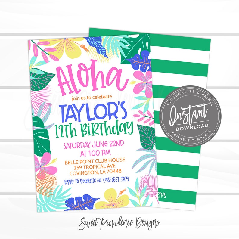 Pode incluir: Convite de anivers&aacute;rio com tema Aloha com folhas e flores tropicais em rosa, azul, verde e amarelo. O convite diz "Aloha" e "Taylor's 12th Birthday" com detalhes para a festa, incluindo a data, a hora, o local e as informa&ccedil;&otilde;es de RSVP.