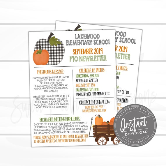 Editable Newsletter template, School PTO PTA Fall Flyer template, P.T.O Meeting, Daycare, Fall Activities Invite, Instant Access- Edit Now Il_570xn