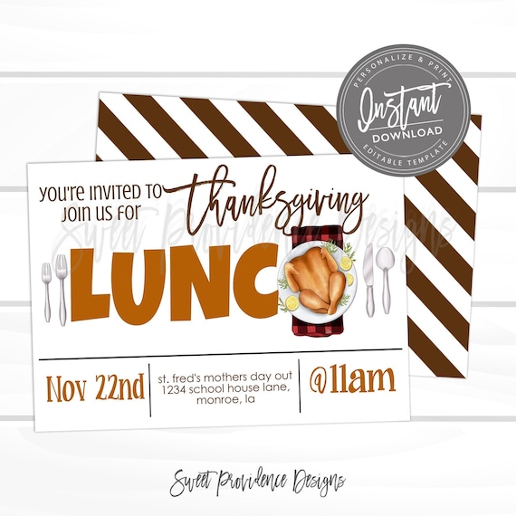 Thanksgiving Invitation, Thanksgiving Luncheon, Fall Lunch Invite, Turkey, Editable template, Sweet Providence, Instant Download Il_570xn