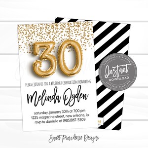 May include: A birthday invitation with a gold foil balloon "30" on a white background with gold confetti. The invitation text reads "Melinda Ogden" and includes event details. The back of the invitation has black and white stripes.