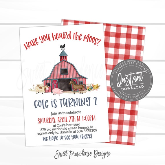 Farm Birthday Invitation, Editable Boy Barn Party, Digital Invite, Farm Animals, Barnyard, Boy Invitation, Printable Instant Access Edit NOW Il_570xn
