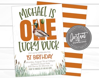 One Lucy Duck Birthday Invitation, Boy First Birthday Invite, Editable Kids Birthday invite template, Outdoors hunting, Instant Access