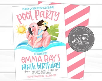 Editable Pool Party Invitation, Girl Summer Birthday Party, Girl Birthday Invitation, Flamingo Pool Party, Printable Instant Access EDIT NOW