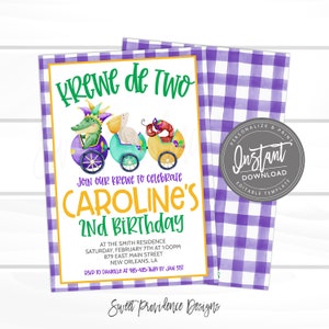 Mardi Gras Birthday Invitation, Krewe de Two, second birthday, Editable template, birthday boy or girl, Fat Tuesday Carnival, Instant Access