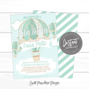 Hot Air Balloon baby shower invitation, Balloon Invitation, Aqua Blue Vintage Hot Air Balloon Invitation, EDITABLE Instant Access image 1