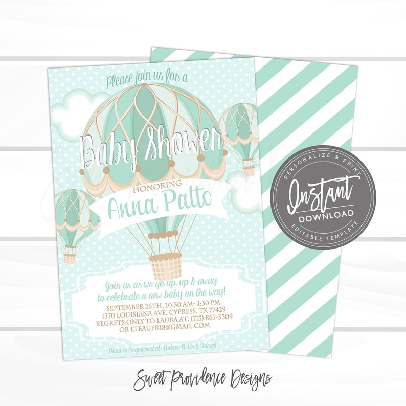 Hot Air Balloon baby shower invitation, Balloon Invitation, Aqua Blue Vintage Hot Air Balloon Invitation, EDITABLE Instant Access image 1