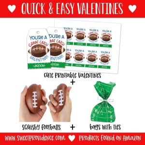 May include: Valentine's Day themed set with printable tags, stickers, squishy footballs, and green bags with ties. The tags and stickers feature a football graphic and the text "You're a Great Catch, Valentine!"