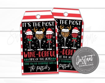 May include: Two Christmas-themed gift tags with a black background and red and white striped borders. Each tag features wine glasses with Santa hats, reindeer antlers, and leopard print. Text includes "Wine-derful" and "Instant Download".