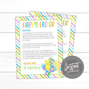 May include: A colorful printable card with a striped background and a cartoon Easter bunny holding a basket of eggs. The card reads "Happy Easter" and "All my love, The Easter Bunny".