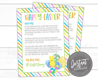 Carta del Conejito de Pascua a los niños, Plantilla de carta editable sorpresa de la mañana de Pascua para niños imprimible, Relleno de cesta, Acceso instantáneo DIY
