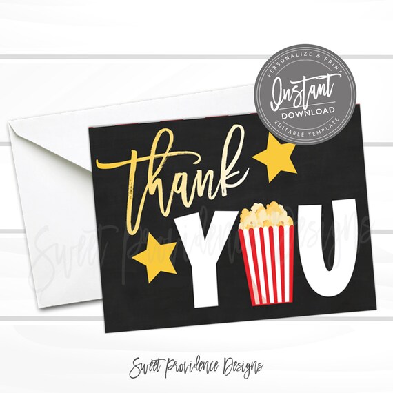 Movie Night Thank you Card, Red Movie Thank You Card, Editable Birthday Party Thank You, Movie Night Invite, Printable Instant Access Il_570xn