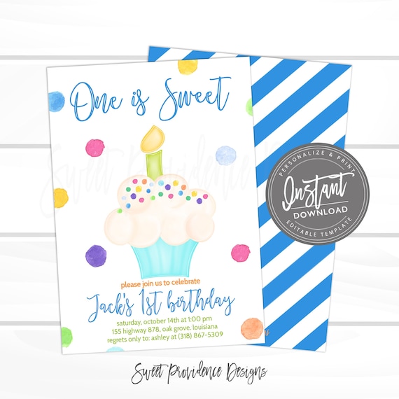 First Birthday Invitation, One is Sweet Invite, Sweet One Cupcake Party Invite, Editable Boy Birthday Template, Printable Instant Access Il_570xn