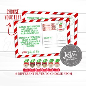 May include: Postcard design with red and white striped borders, featuring text in green and a cartoon elf graphic. The text reads "Another year has come" and "Choose your elf!" with a selection of six elf characters.