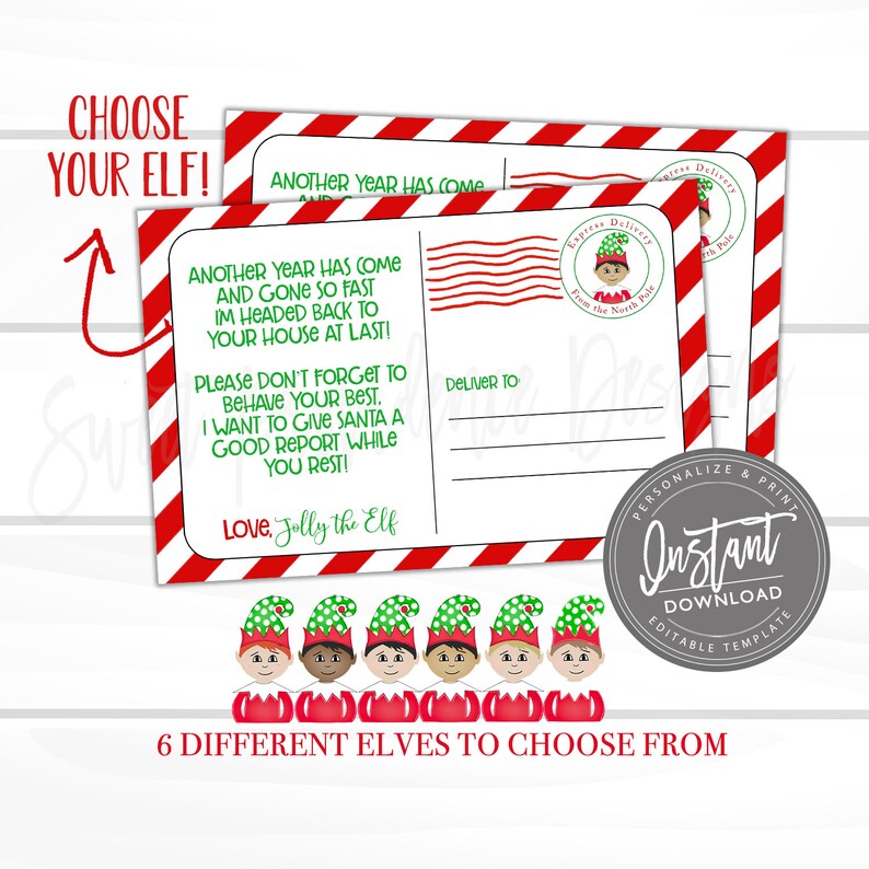 May include: Postcard design with red and white striped borders, featuring text in green and a cartoon elf graphic. The text reads "Another year has come" and "Choose your elf!" with a selection of six elf characters.